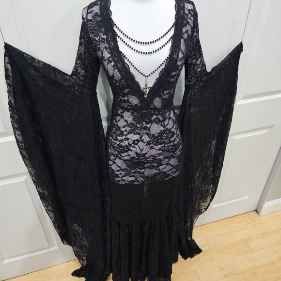 Dolls Kill Widow Sexy Gothic Grand Affair Maxi Black Sheer Lace Dress Gown - Picture 2 of 16